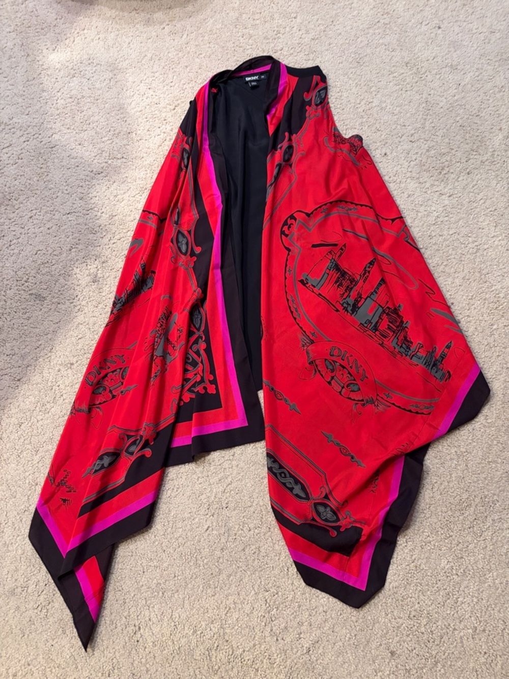 DKNY Red & Pink Graphic Open Draped Vest